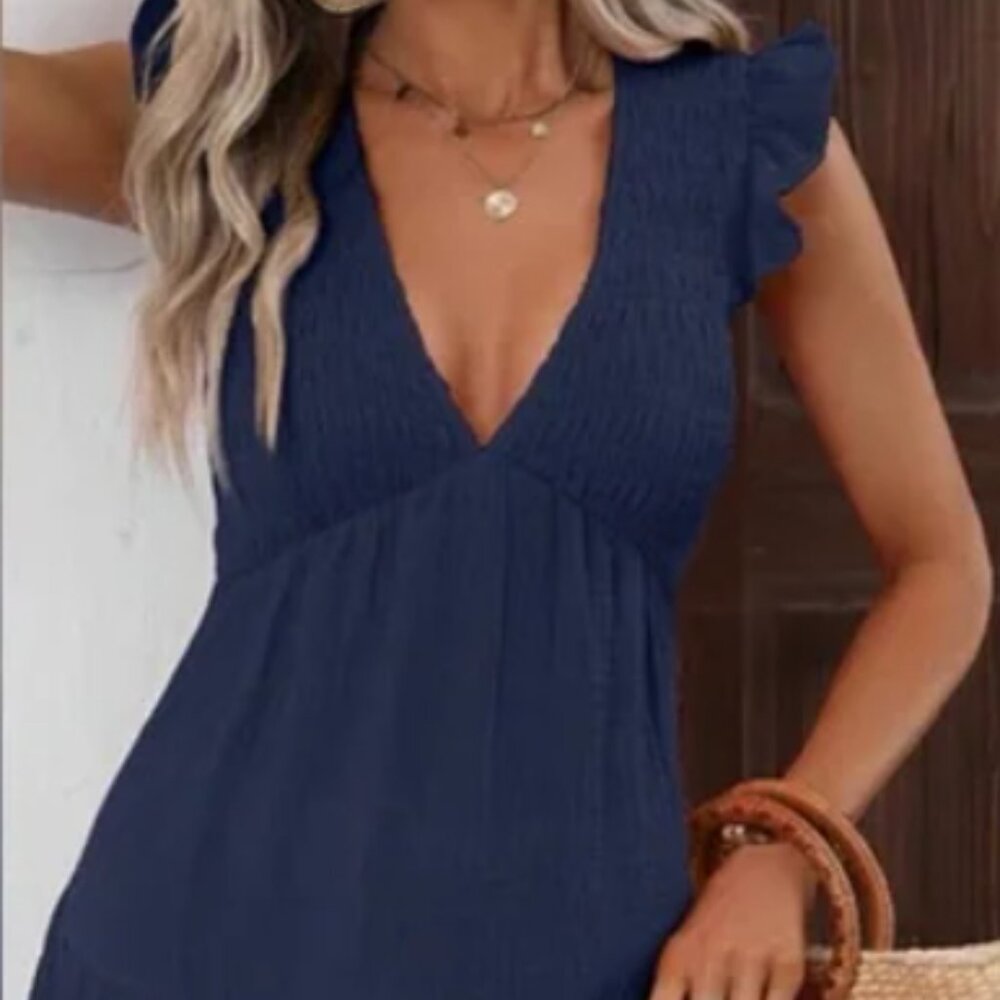 NWT! Blue Linen Deep V-neck Short Babydoll Summer Dress Flutter Sleeve Size M